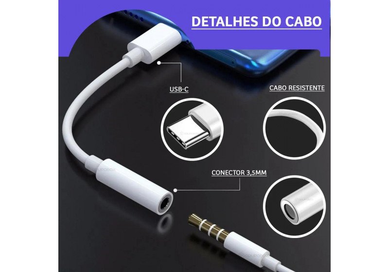 Cabo Adaptador Tipo C Usb-c Para Fone Ouvido P2 P3 3.5mm