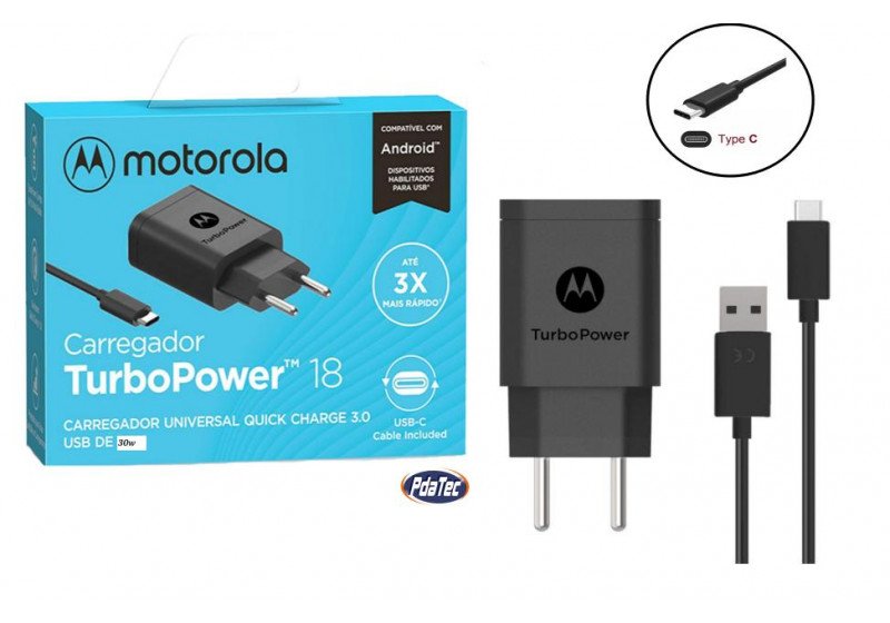 Carregador Turbo Power Motorola com cabo de sincronismo Type C