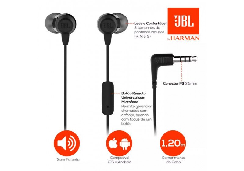 Fone De Ouvido Intra-auricular JBL C50HI Conector P3 Preto