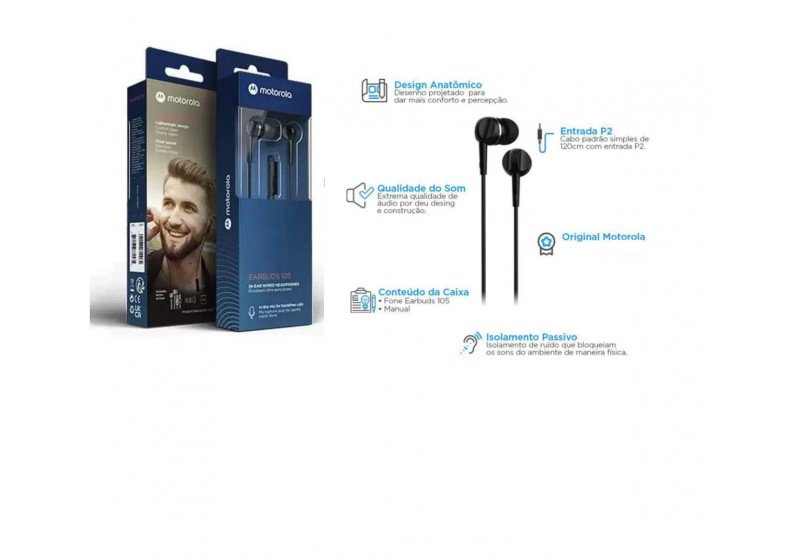 Fone De Ouvido Motorola Earbuds105,Anti Ruido Com Microfone