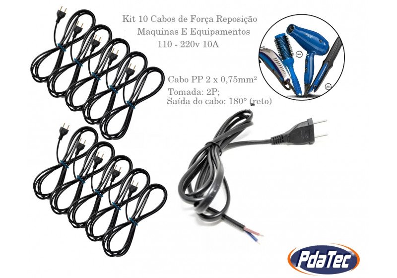 Kit 10 Cabos de Força Reposição Maquinas E Equipamentos 110-220v 10A