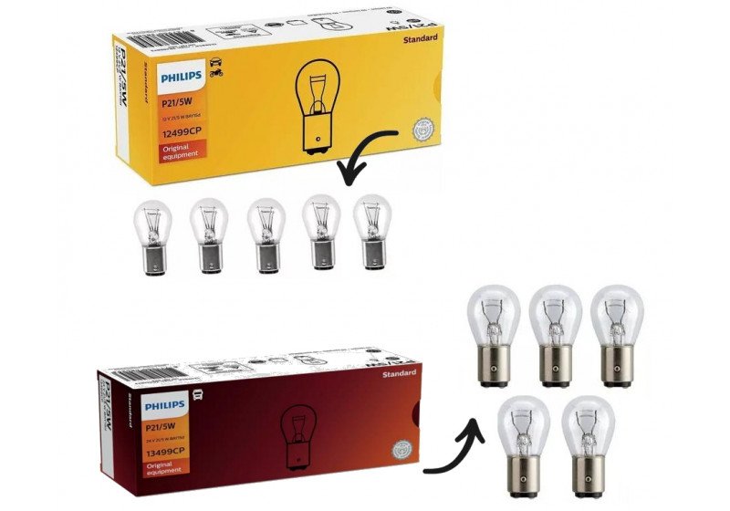 kit Lâmpadas Philips P21/5W P/Caminhão 13499CP 24v + Lâmpada 2 Polos 12v P21/5w 12499