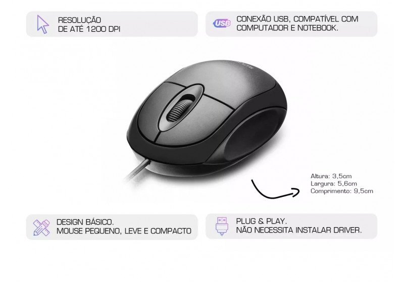 Mouse Classic Box Óptico 3 Botões Multilaser 1200dpi